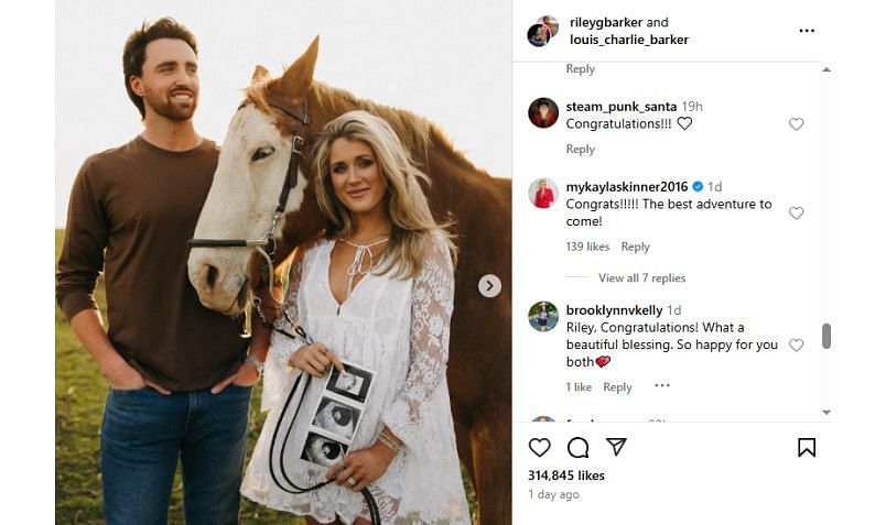 Screenshot of Riley Gaines' Instagram post featuring MyKayla Skinner's comments | Source: IG/rileygbarker